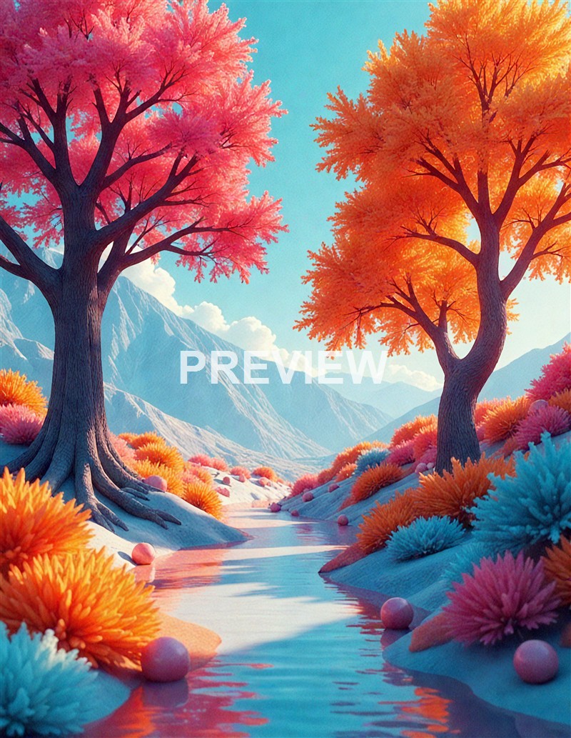 The image depicts a vibrant, stylized landscape with two large, colorful trees with pink and orange foliage, a winding stream reflecting the sky, and distant mountains in the background under a bright blue sky.